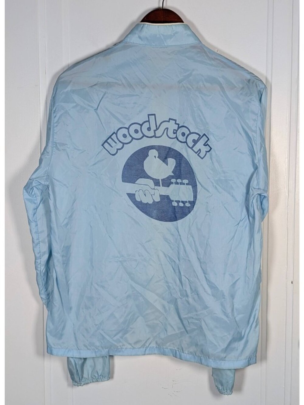 Vintage 80s Woodstock Music Festival Windbreaker Jacket Velva Sheen Blue Medium